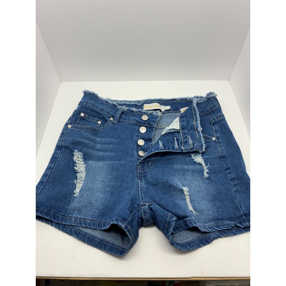 Distressed Denim Shorts High Rise Button Fly Frayed Hem Buzz Jean Womens XL